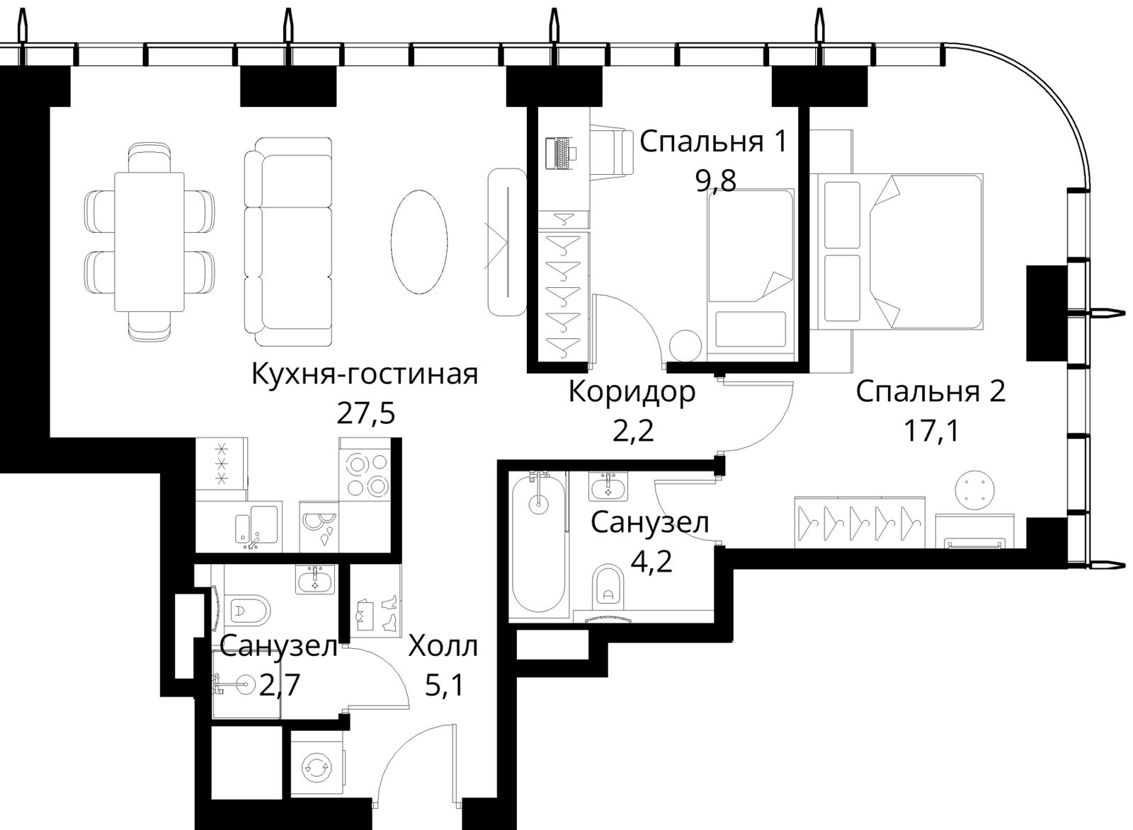 2-комнатная квартира, 68,6 м²