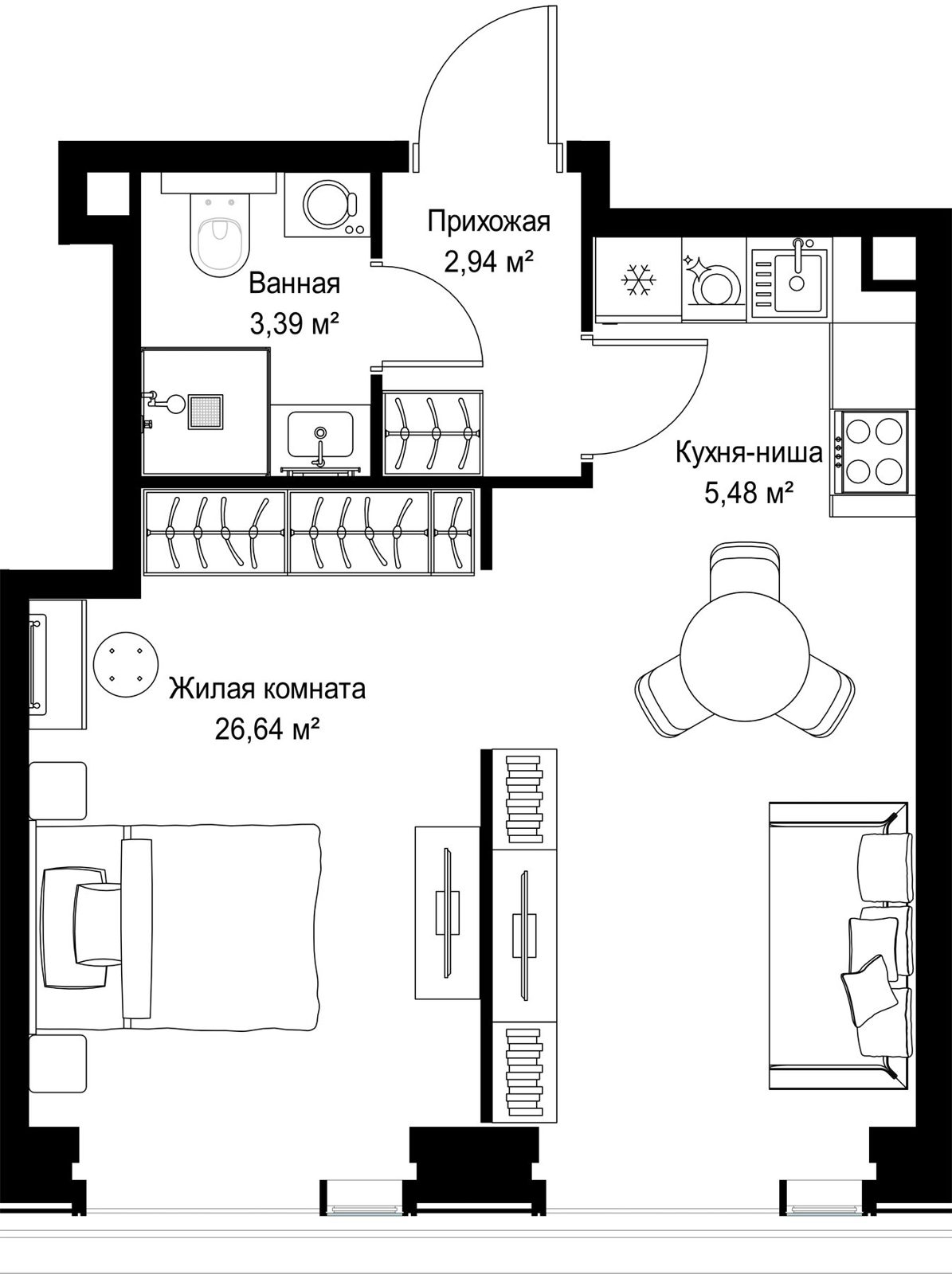 1-комнатная квартира, 38,5 м²