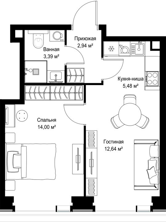 1-комнатная квартира, 38,5 м² — фото 2