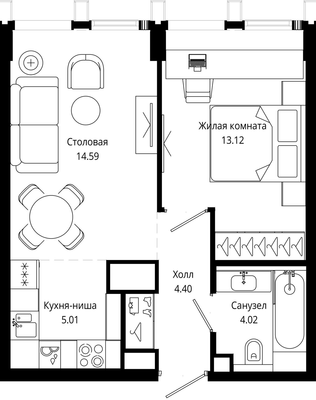 1-комнатная квартира, 41,3 м²