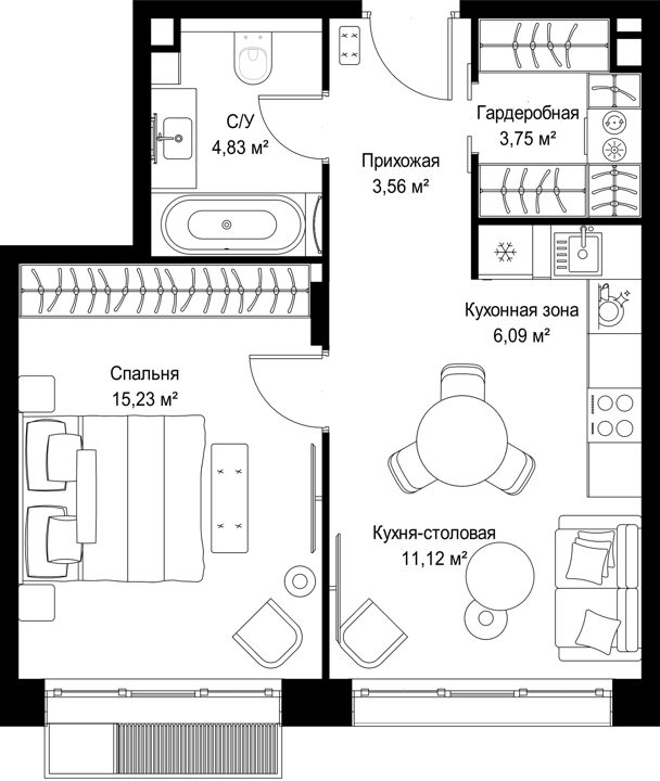 1-комнатная квартира, 44,6 м² — фото 1