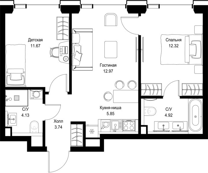 2-комнатная квартира, 55,6 м²