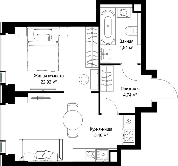 1-комнатная квартира, 38 м² — фото 1