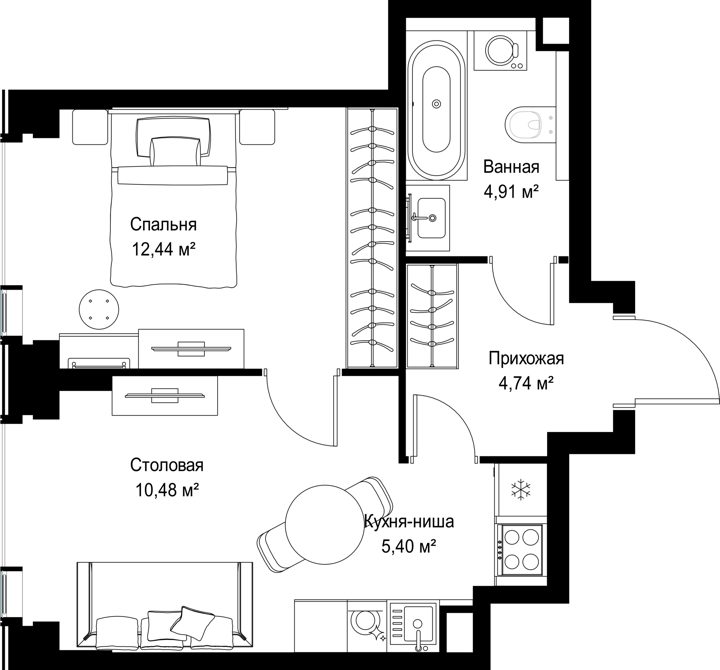 1-комнатная квартира, 38 м² — фото 2