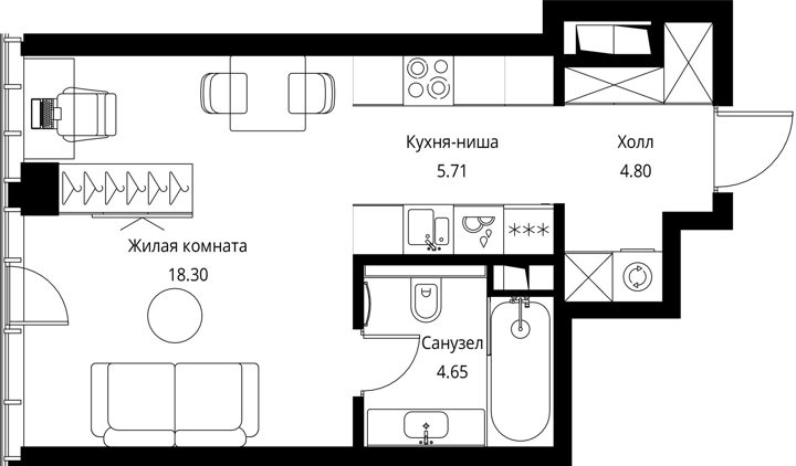 Квартира-студия, 33,5 м² — фото 1