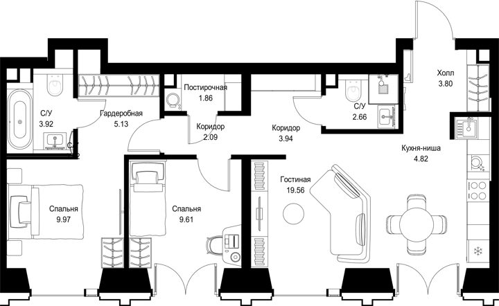 2-комнатная квартира, 67,4 м²