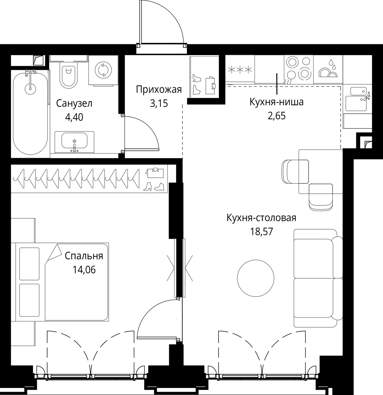 1-комнатная квартира, 42,8 м²