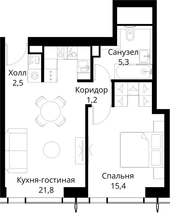 1-комнатная квартира, 46,2 м² — фото 1
