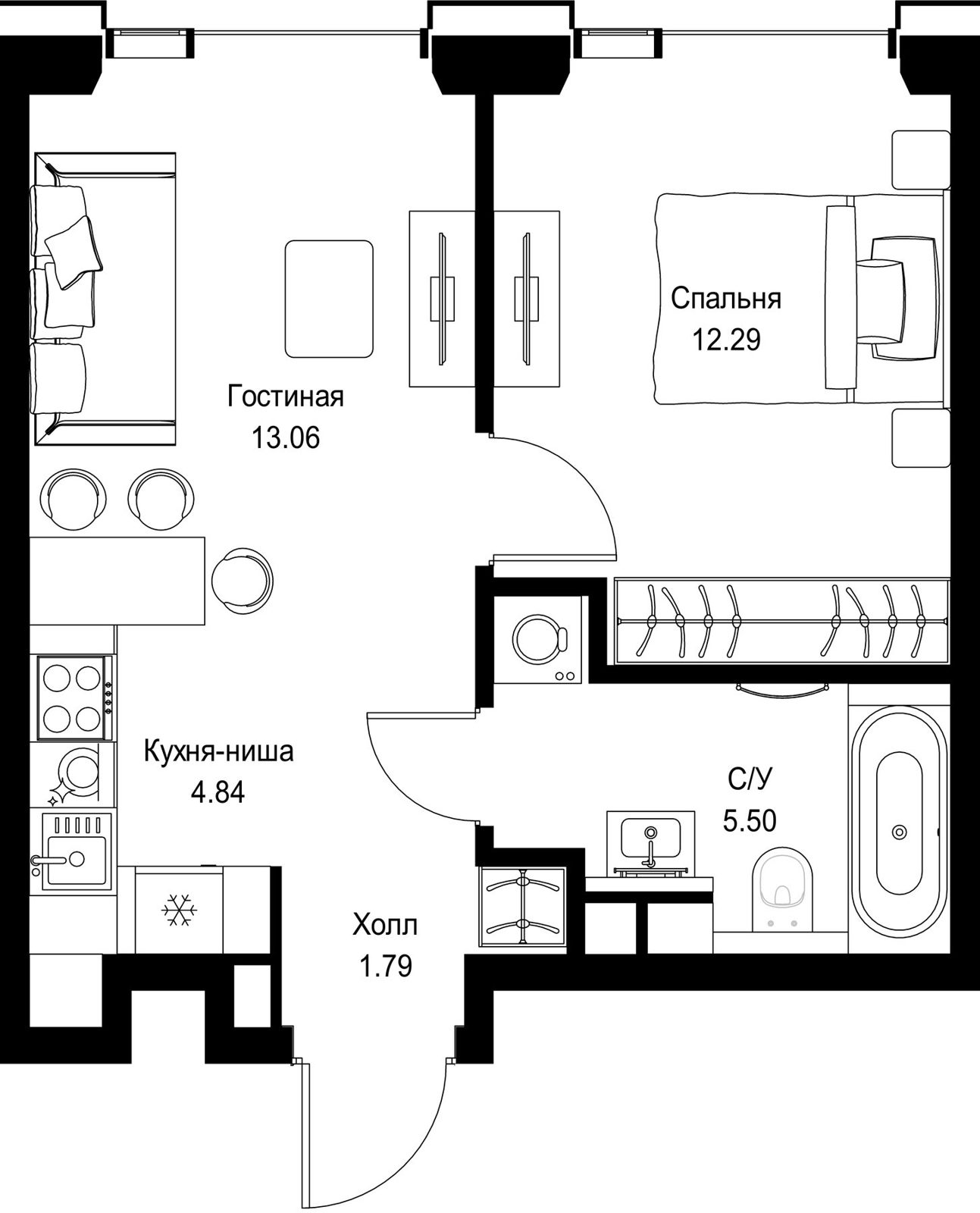 1-комнатная квартира, 37,5 м²