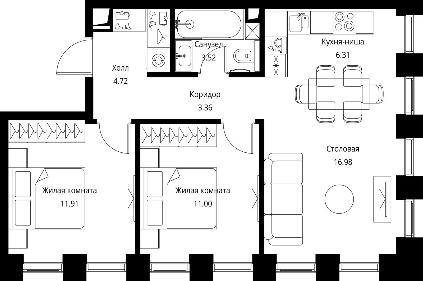 2-комнатная квартира, 57,8 м²