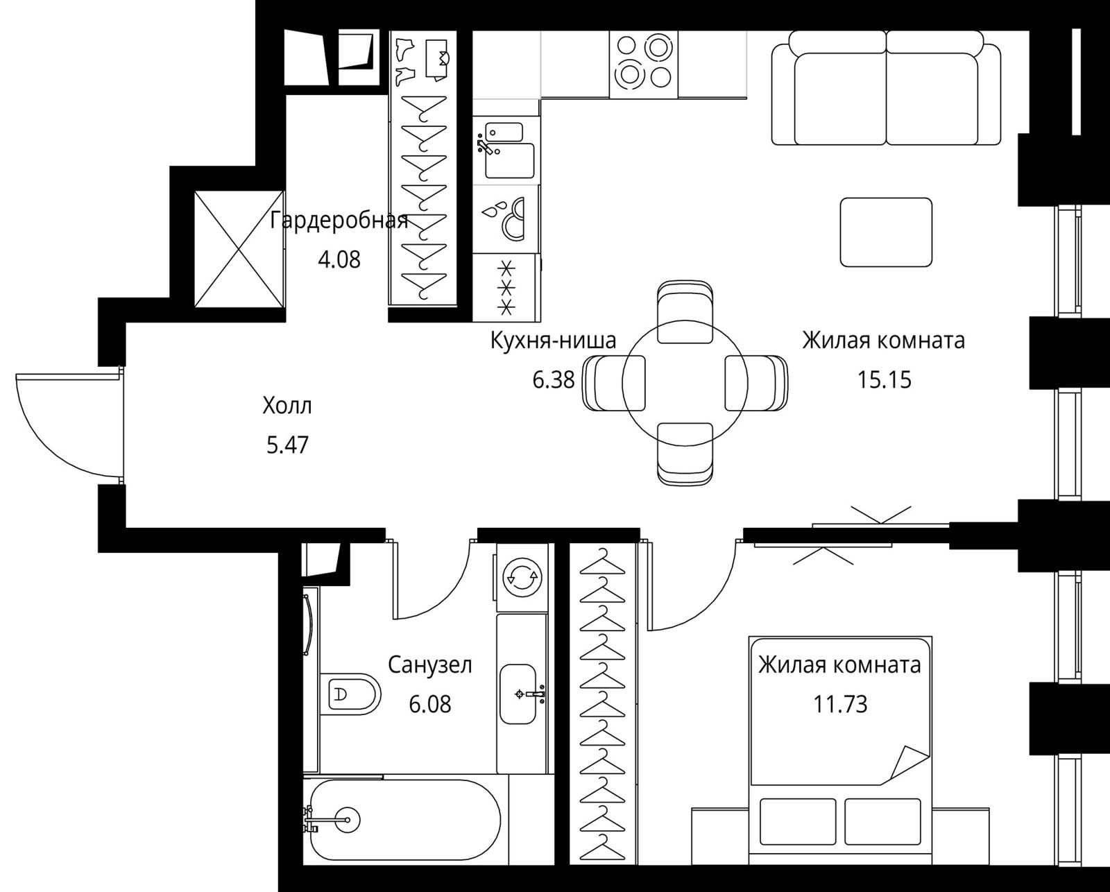 1-комнатная квартира, 48,9 м²