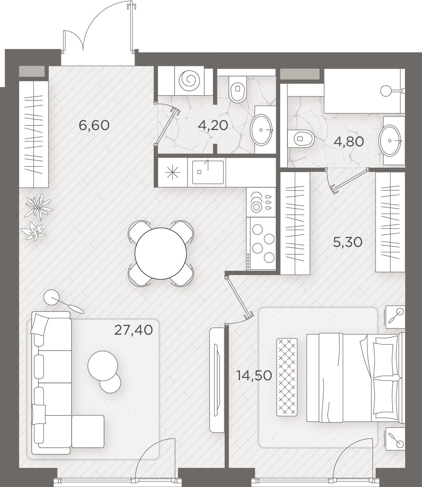 1-комнатная квартира, 62,8 м²