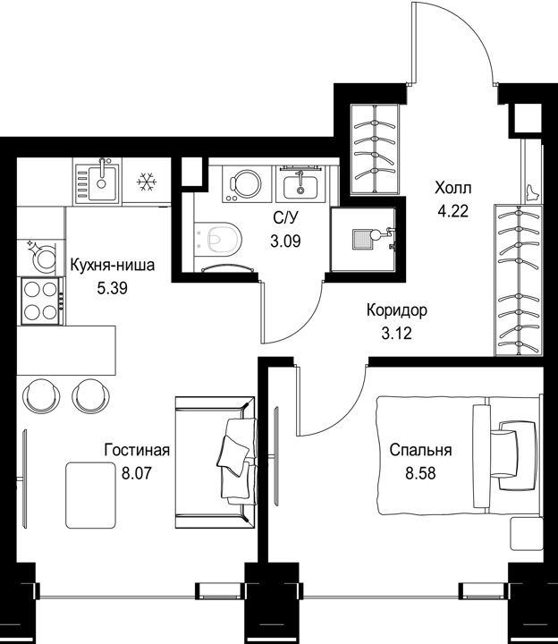 1-комнатная квартира, 32,5 м²