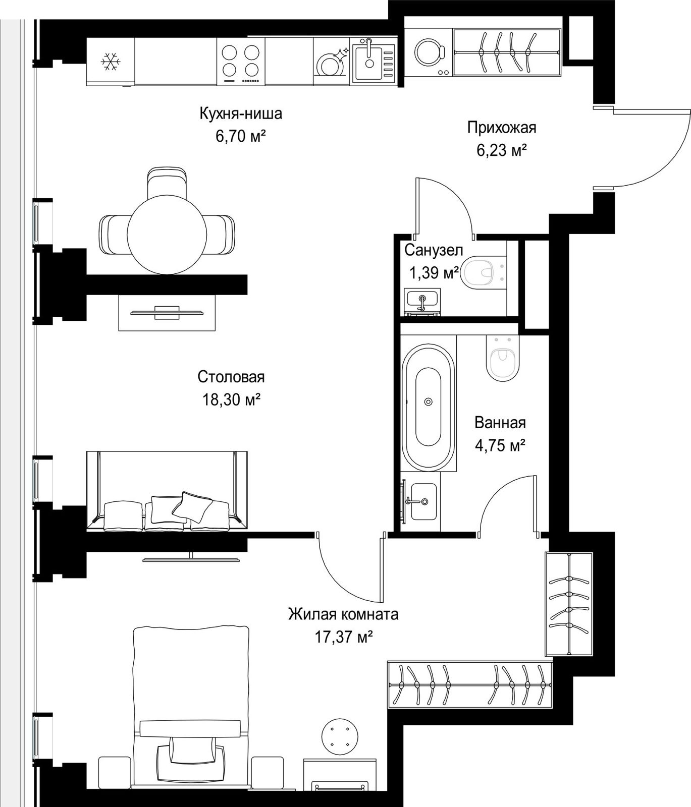 1-комнатная квартира, 54,7 м²