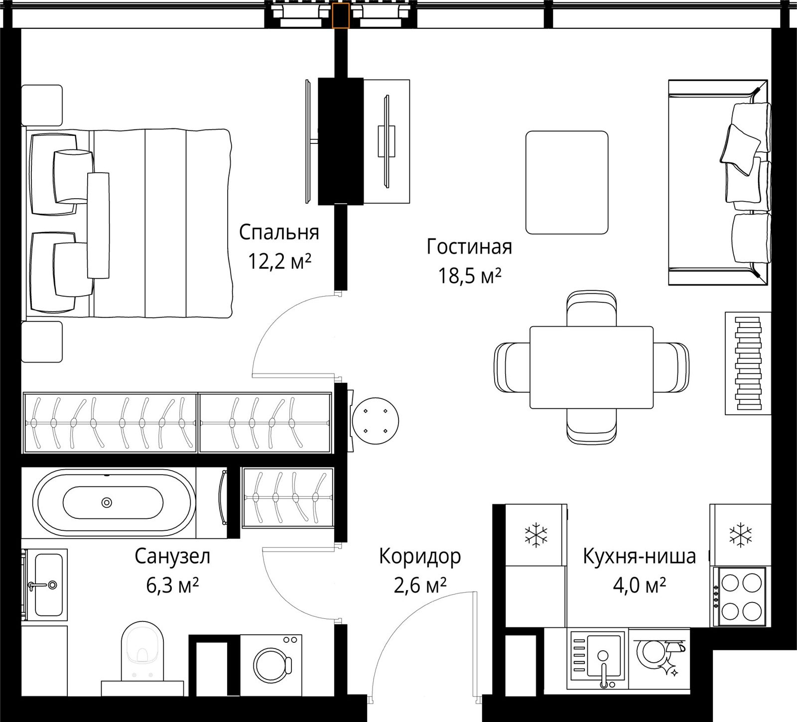 1-комнатная квартира, 43,6 м²