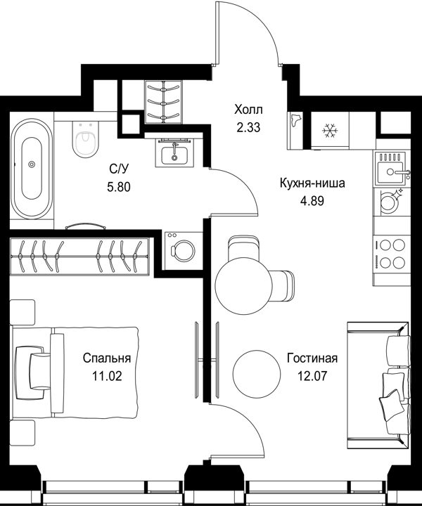 1-комнатная квартира, 36,1 м²