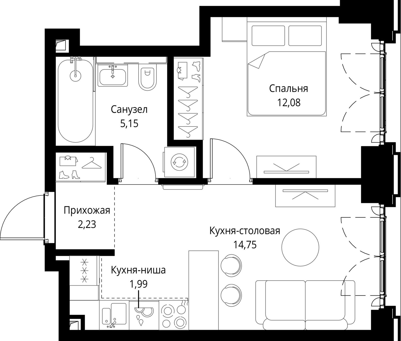 1-комнатная квартира, 36,2 м²