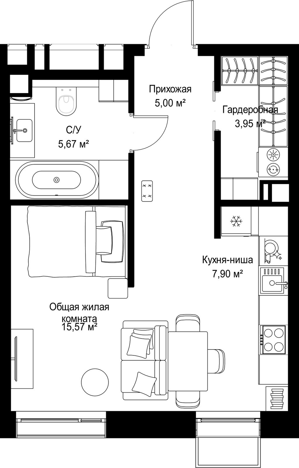 1-комнатная квартира, 38,1 м²
