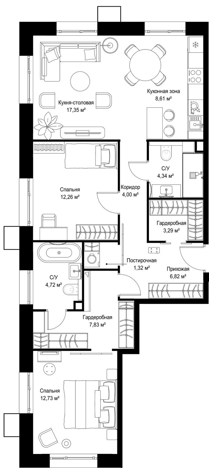 2-комнатная квартира, 83,3 м²