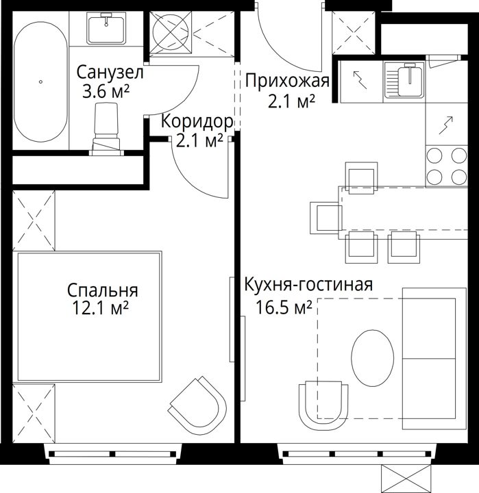 1-комнатная квартира, 36,4 м² — фото 1