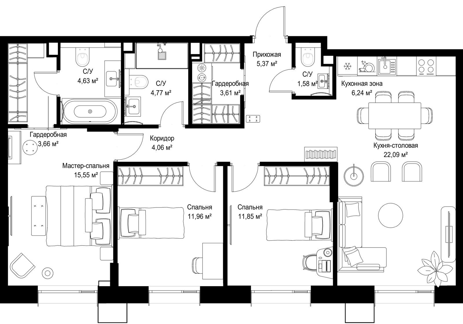 3-комнатная квартира, 95,4 м²