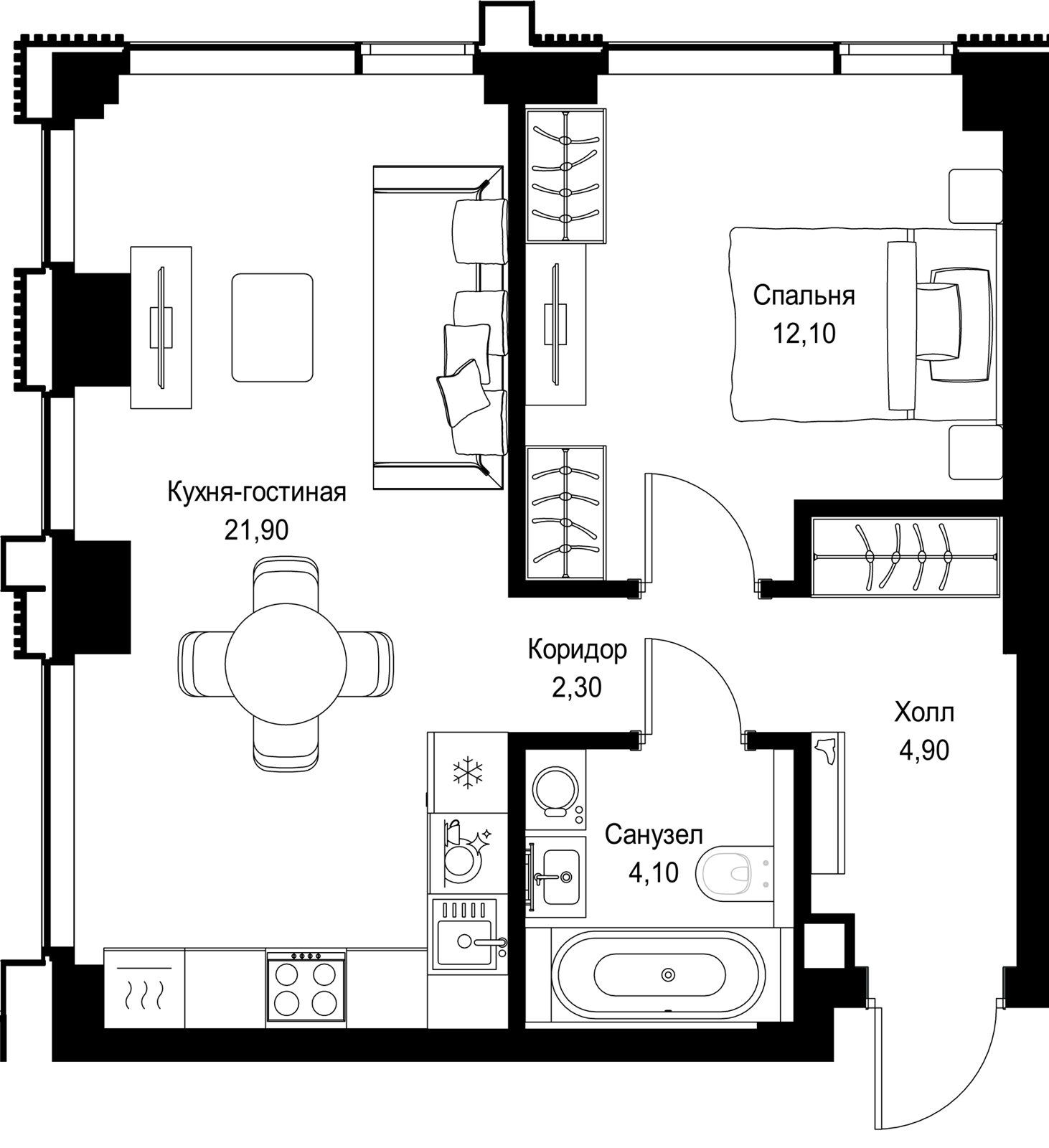 1-комнатная квартира, 45,3 м²