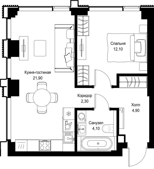 1-комнатная квартира, 45,3 м² — фото 1
