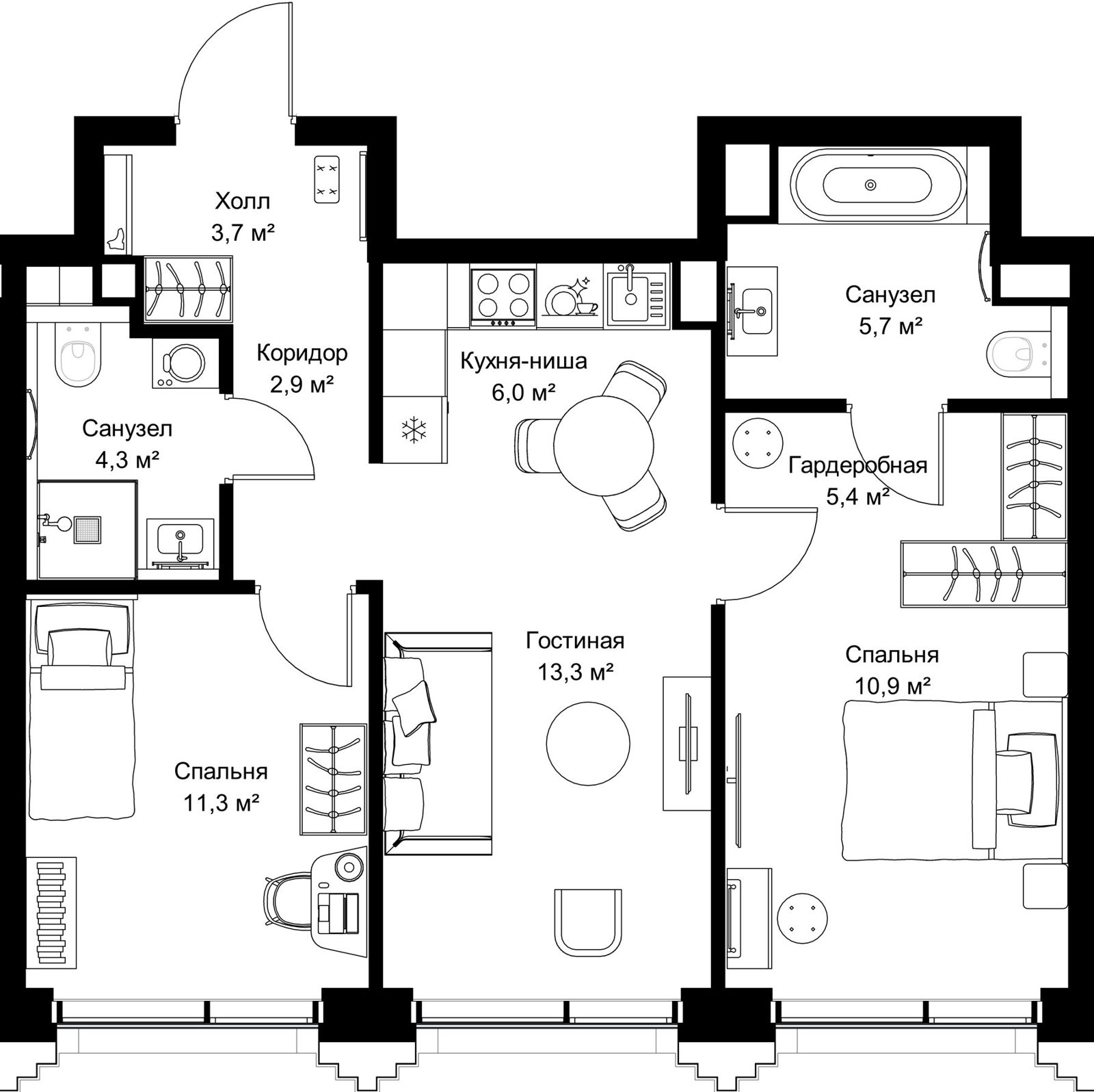 2-комнатная квартира, 63,5 м²