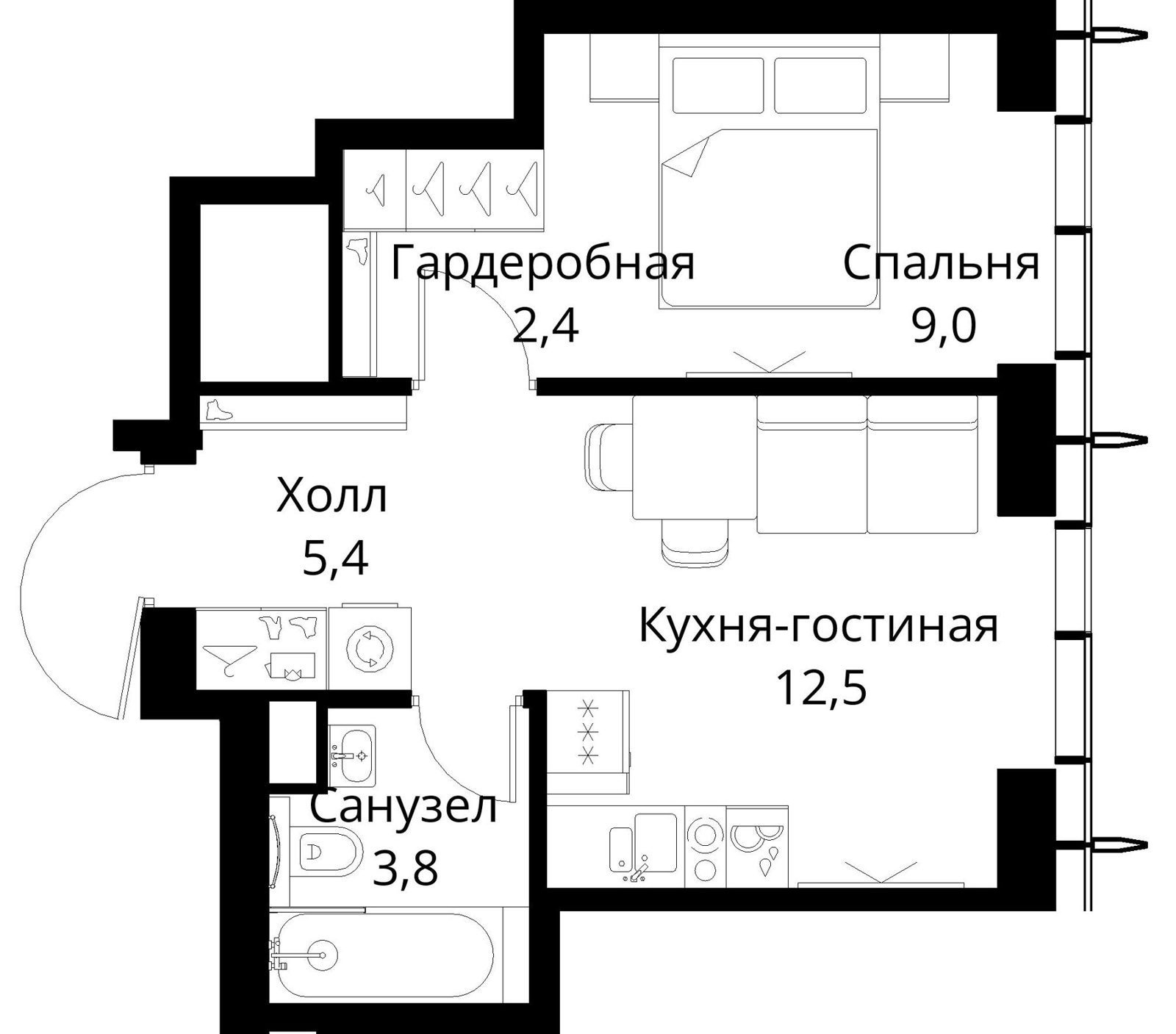 1-комнатная квартира, 33,1 м²