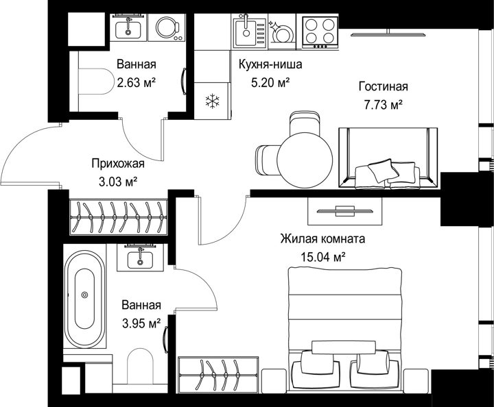 1-комнатная квартира, 37,6 м²