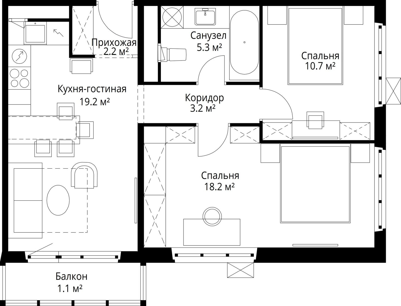 2-комнатная квартира, 59,9 м²