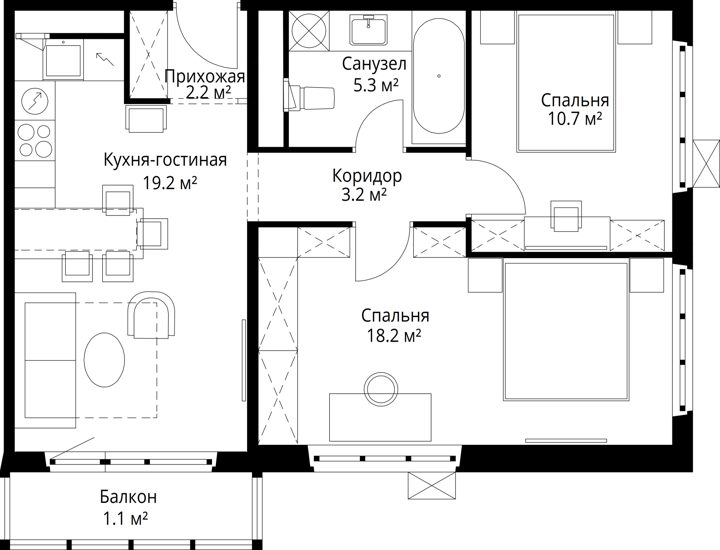 2-комнатная квартира, 59,9 м² — фото 1