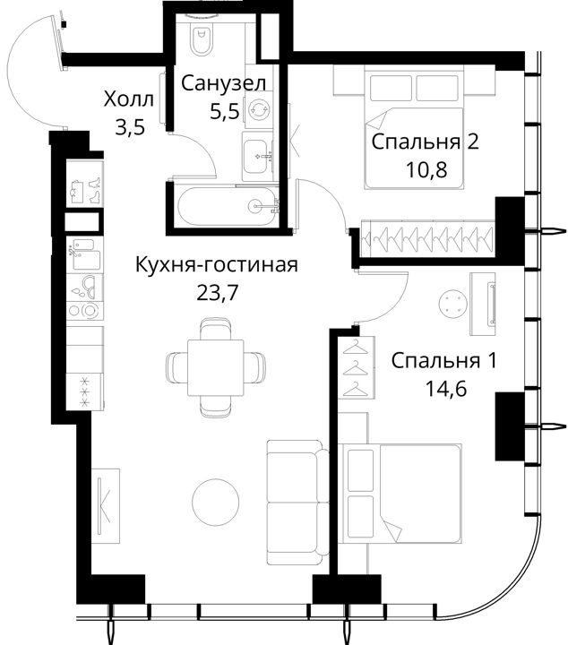 2-комнатная квартира, 58,1 м² — фото 1