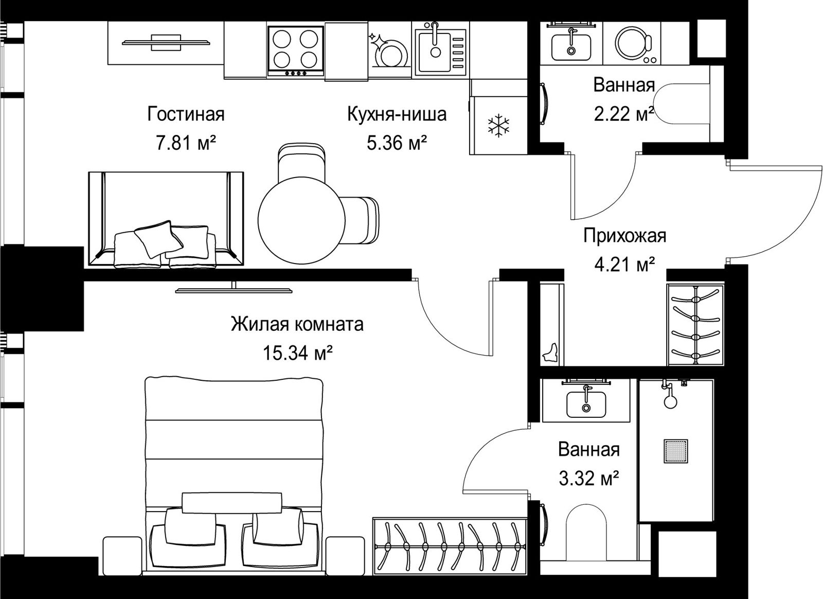 1-комнатная квартира, 38,3 м²