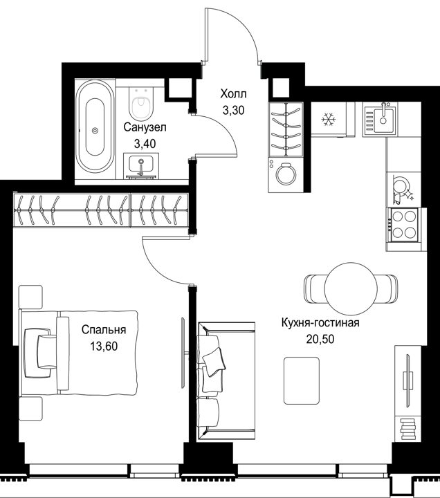 1-комнатная квартира, 40,8 м² — фото 1