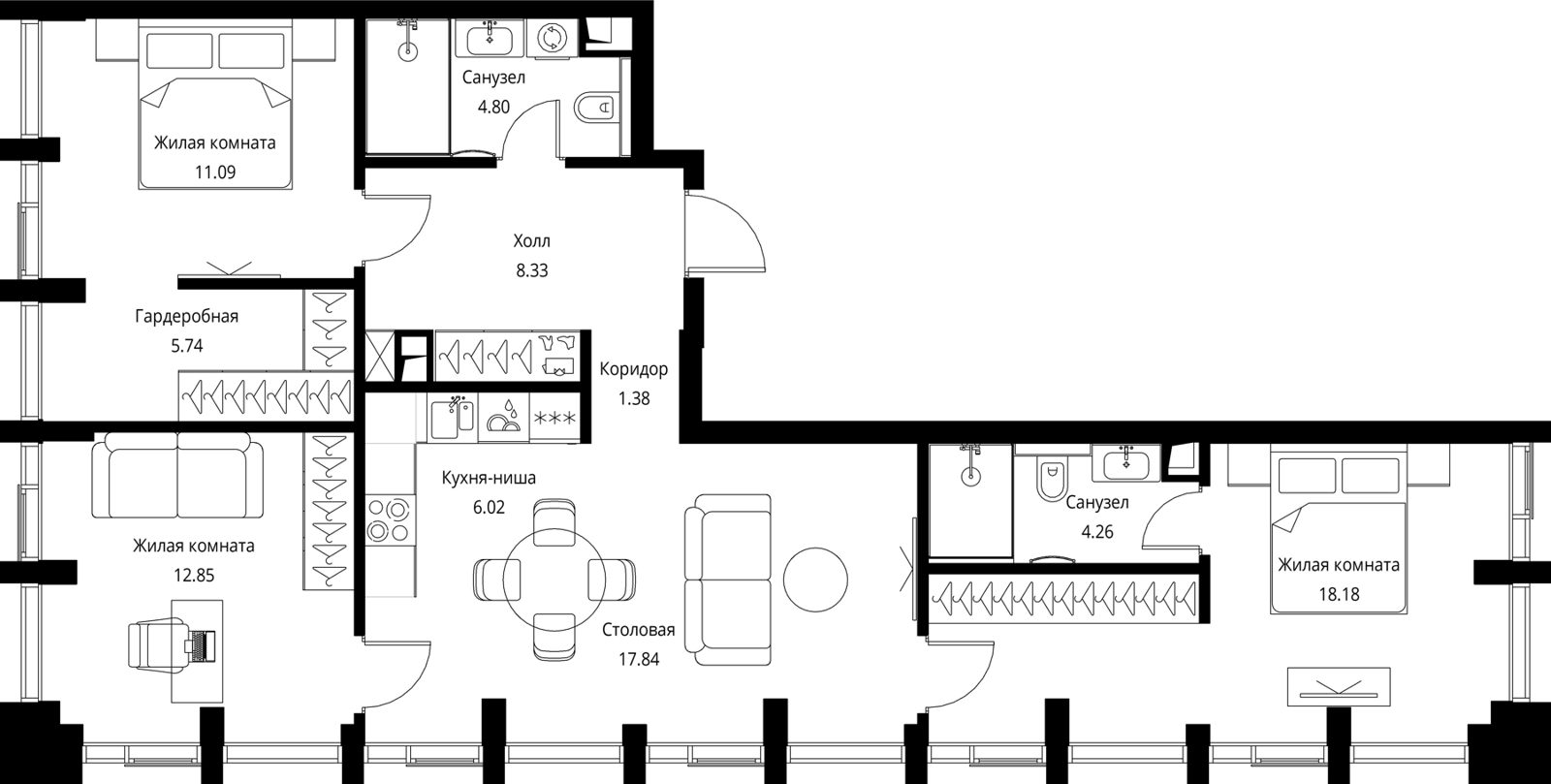 3-комнатная квартира, 90,5 м²