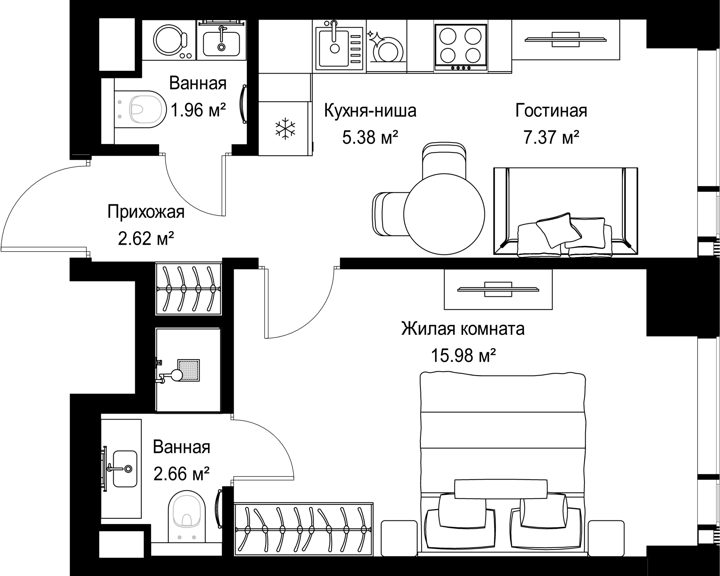 1-комнатная квартира, 36 м²
