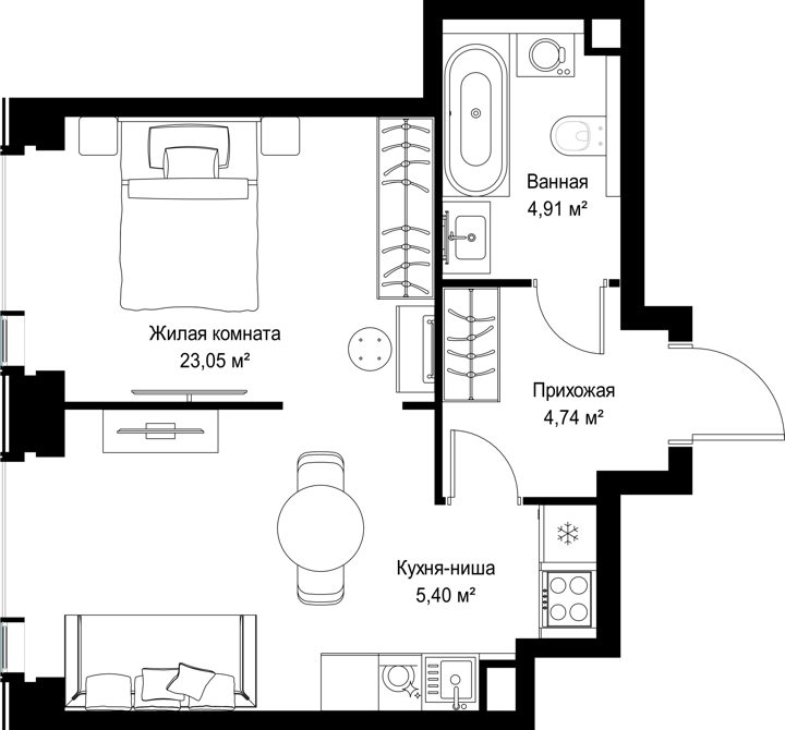 1-комнатная квартира, 38,1 м² — фото 1