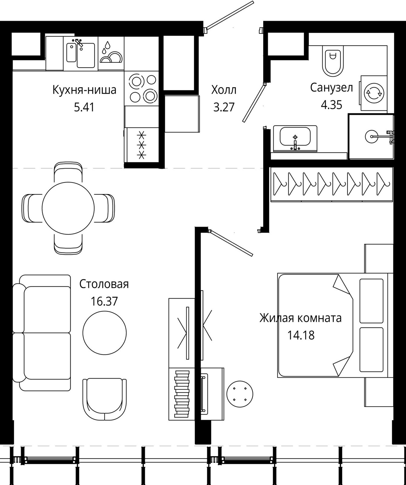 1-комнатная квартира, 44 м²