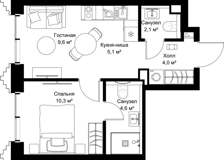 1-комнатная квартира, 35,7 м²
