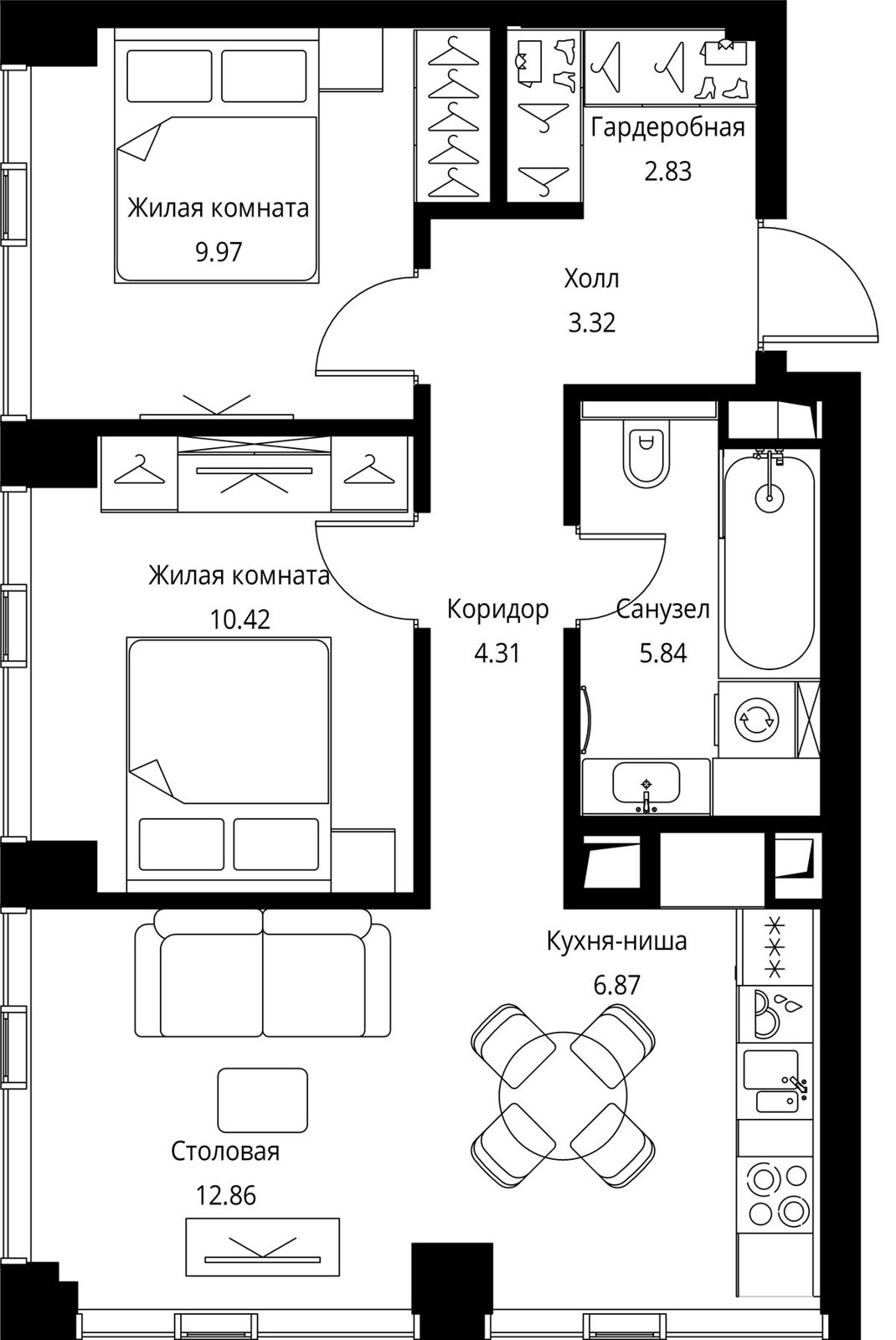 2-комнатная квартира, 56,4 м²