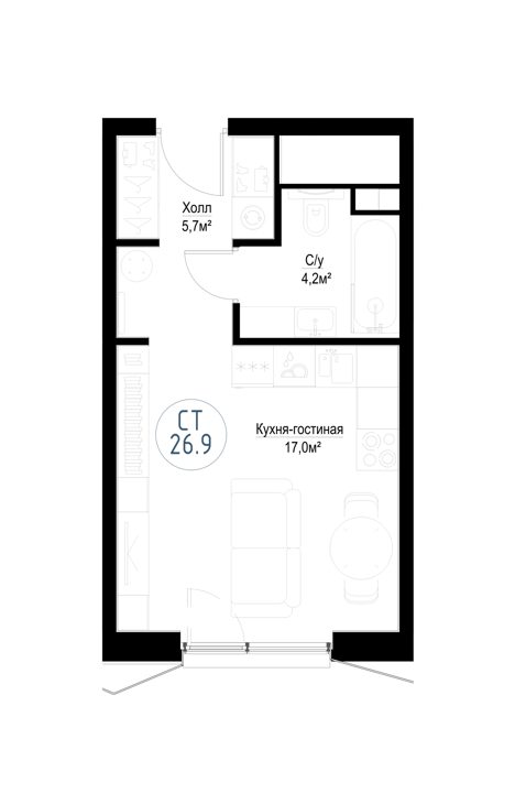 Квартира-студия, 26,7 м² — фото 1