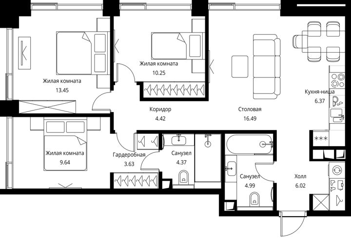 3-комнатная квартира, 79,6 м² — фото 1