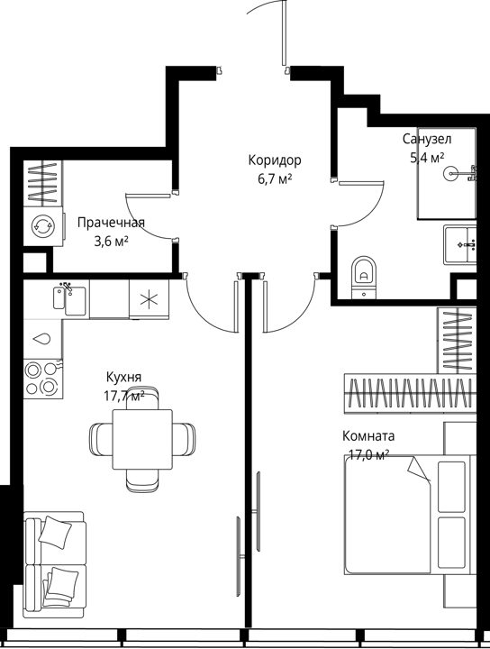 1-комнатная квартира, 50,4 м²