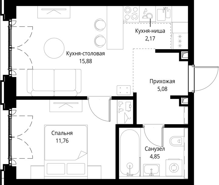 1-комнатная квартира, 39,8 м² — фото 1