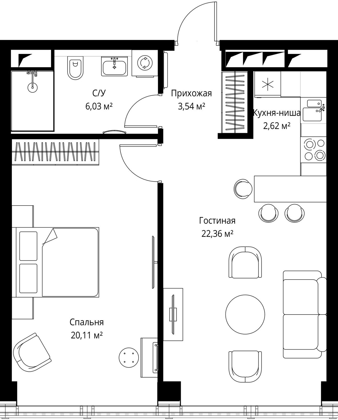 1-комнатная квартира, 57,7 м²
