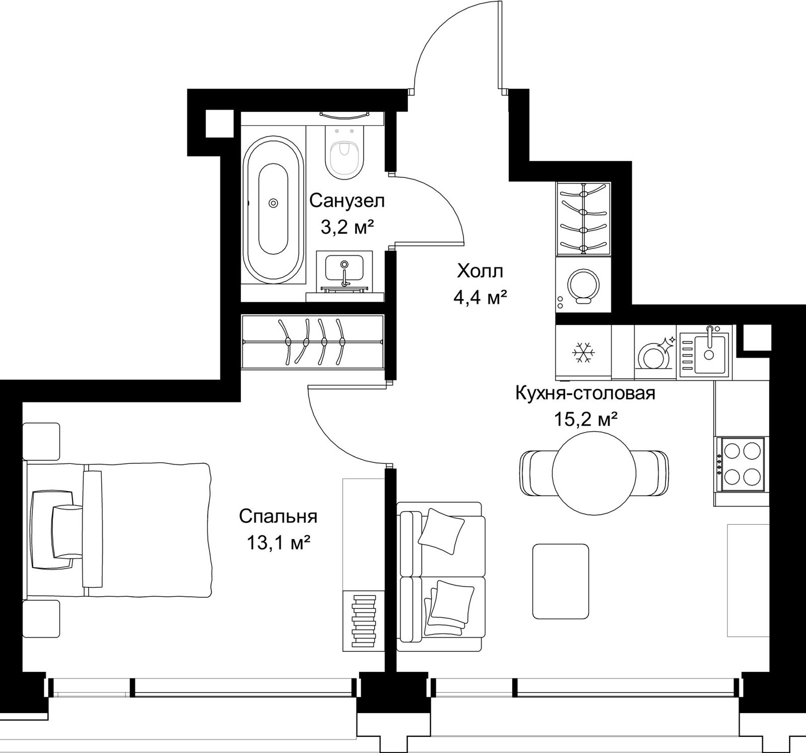 1-комнатная квартира, 35,9 м²