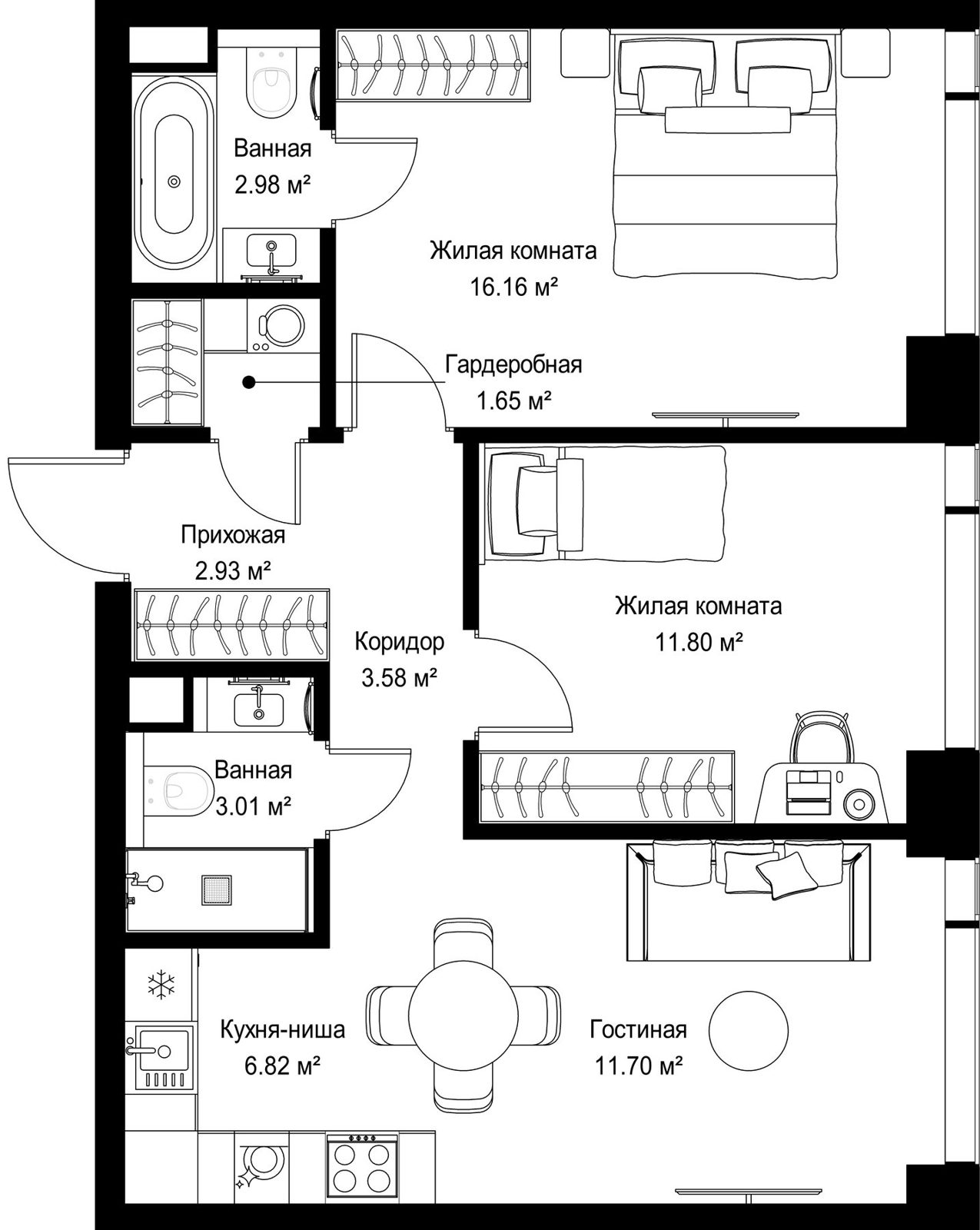 2-комнатная квартира, 60,6 м²
