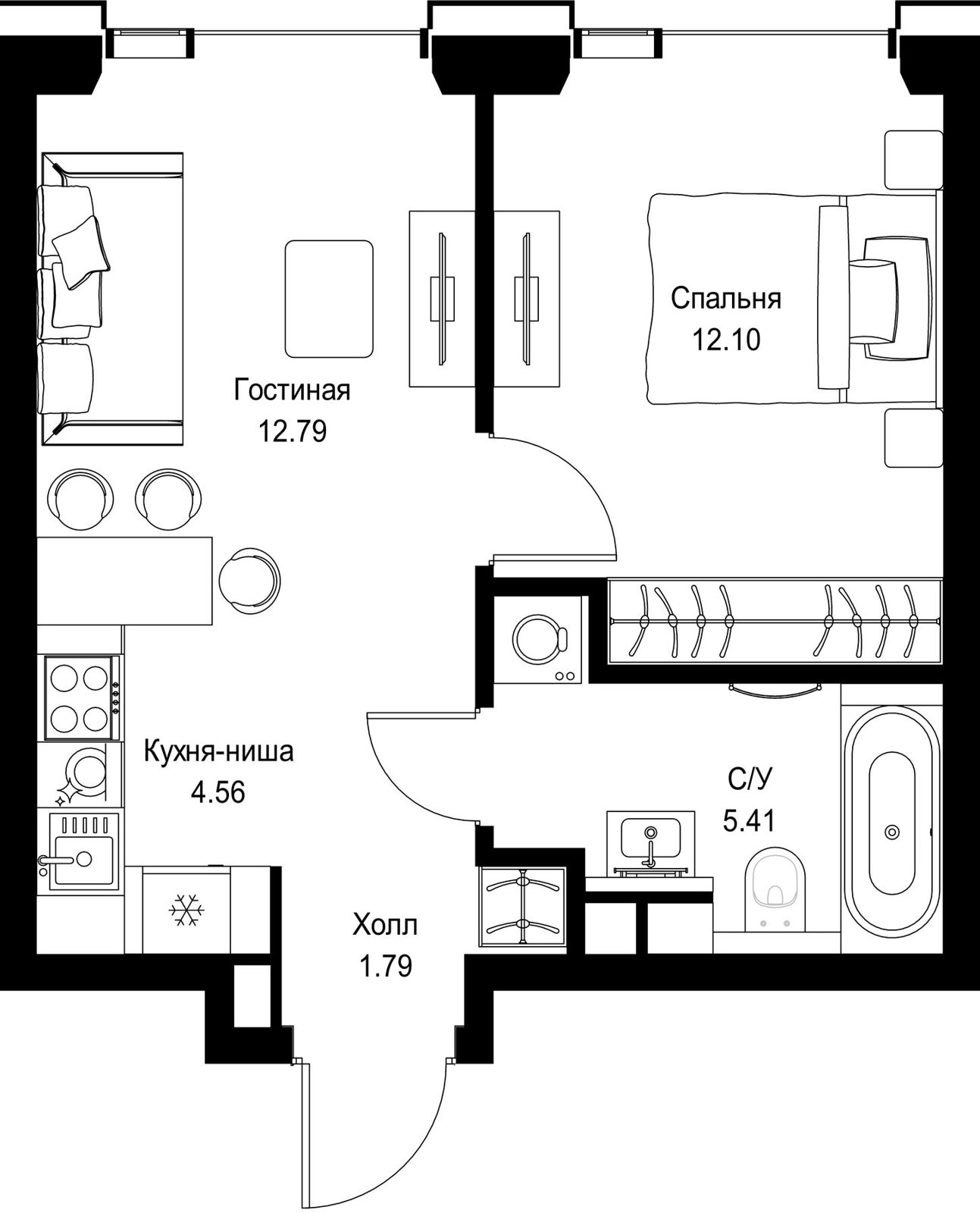 1-комнатная квартира, 36,6 м²