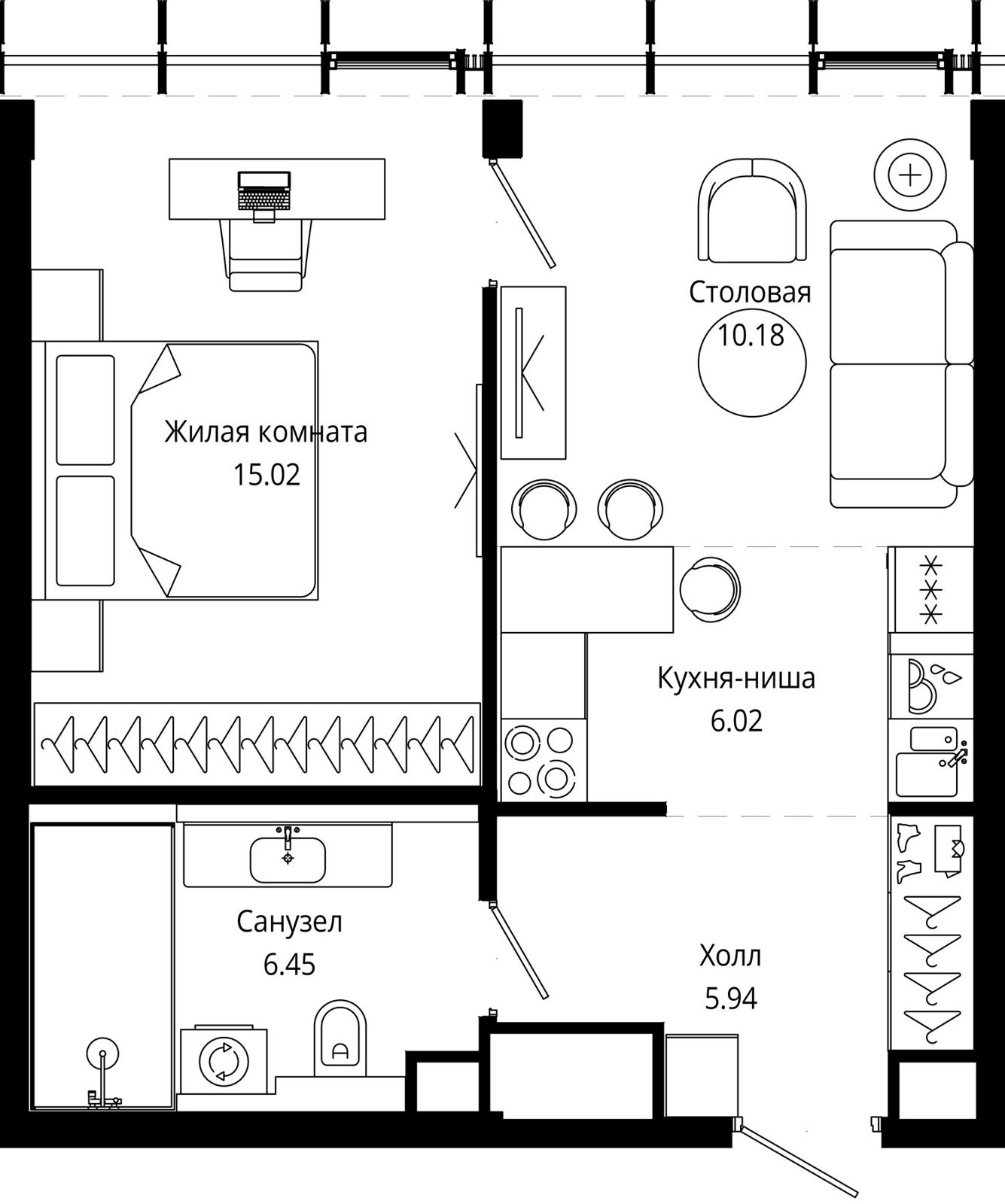 1-комнатная квартира, 43,9 м²